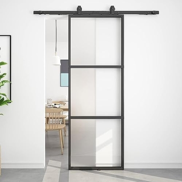 BARNSMITH 30in x 84in Frosted Glass Barn Door with 5FT Top Mounted Hardware kit Include Soft Close M...