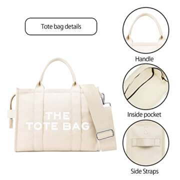 Aceyurre The Medium Tote Bag for Women, Canvas Crossbody Purse Handbag Bags with Zipper for Work, School, Travel(White)