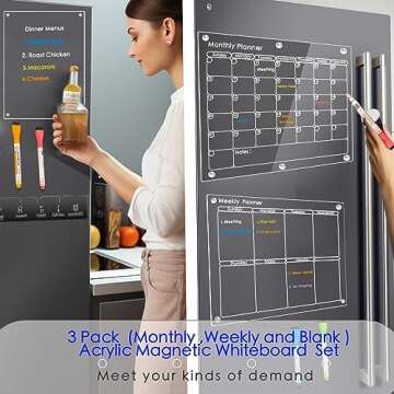 3-Pack Acrylic Magnetic Calendar for Fridge Planner Clear Board Set Including 8 Dry Erase Markers Refrigerator Organization with Monthly, Weekly, and Daily Notepads