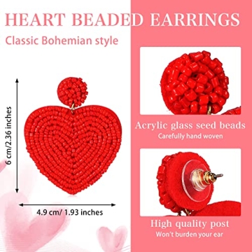 Valentine's Day Heart Earrings 3 Pairs Heart Beaded Earrings Statement Drop Earrings Handmade Seed Bead Heart Earrings (Pure)
