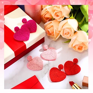 Valentine's Day Heart Earrings 3 Pairs Heart Beaded Earrings Statement Drop Earrings Handmade Seed Bead Heart Earrings (Pure)