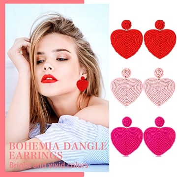 Valentine's Day Heart Earrings 3 Pairs Heart Beaded Earrings Statement Drop Earrings Handmade Seed Bead Heart Earrings (Pure)