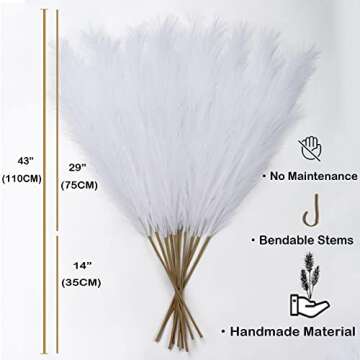 EVODIS Pampas Grass Decor Tall, 43"/110cm Faux Pampas Grass 6 Stems Large Pompass Grass Branches Tall Bulk Boho Flower Arrangement for Home Room Wedding Party Decor (White)