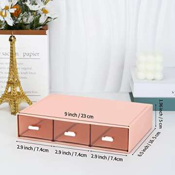 LETURE Stackable Desk Organizer, Plastic Storage Drawer for Office School Home Makeup, Pen Pencils Markers Stationery Supplies Organizers (Pink -3 Draws)