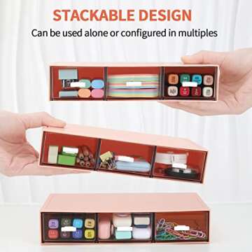 LETURE Stackable Desk Organizer, Plastic Storage Drawer for Office School Home Makeup, Pen Pencils Markers Stationery Supplies Organizers (Pink -3 Draws)