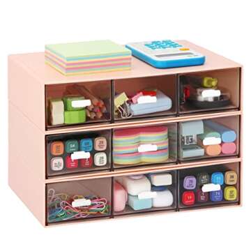 LETURE Stackable Desk Organizer, Plastic Storage Drawer for Office School Home Makeup, Pen Pencils Markers Stationery Supplies Organizers (Pink -3 Draws)