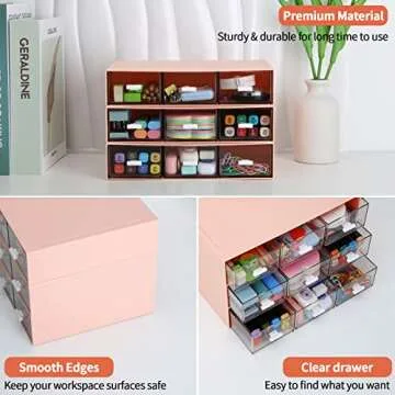 LETURE Stackable Desk Organizer, Plastic Storage Drawer for Office School Home Makeup, Pen Pencils Markers Stationery Supplies Organizers (Pink -3 Draws)