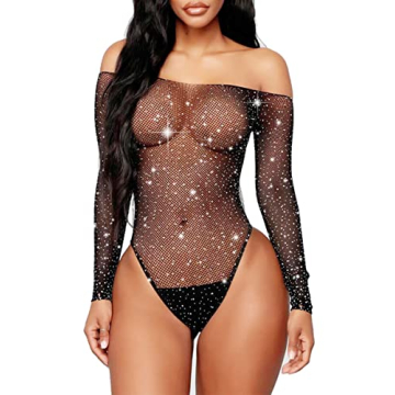 Abberrki Women Sexy Mesh Bodysuit Fishnet Sparkle Rhinestone Teddy Lingerie Halloween Rave Sheer Out...
