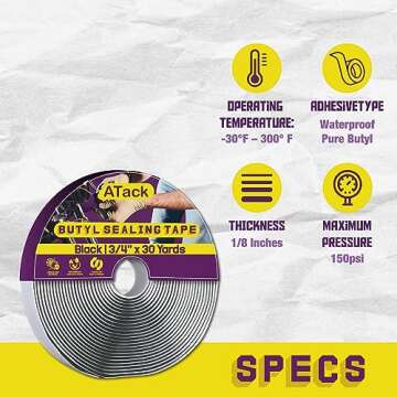 ATack Black Butyl Seal Tape 1/8-Inch x 3/4-Inch x 30-Foot Leak Proof Putty Tape for RV Repair, Windo...