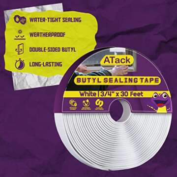 ATack Black Butyl Seal Tape 1/8-Inch x 3/4-Inch x 30-Foot Leak Proof Putty Tape for RV Repair, Window, Boat Sealing, Glass and EDPM Rubber Roof Patching