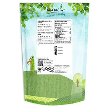 Food to Live Organic Dark Rye Flour - Stone Ground, Vegan, 8 Oz