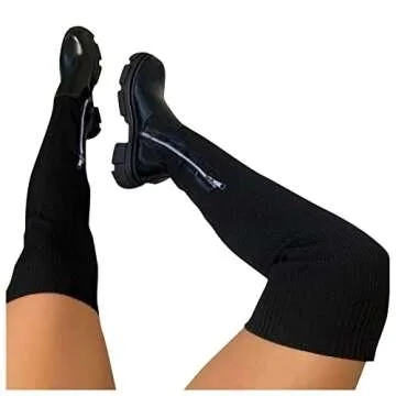 Women's Platform Thigh High Boots Over-The-Knee Stretch High Boots Knitted Leather Round Toe Chunky Over The Knee Boots (A-Black, 8.5)