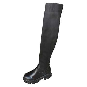 Women's Platform Thigh High Boots Over-The-Knee Stretch High Boots Knitted Leather Round Toe Chunky Over The Knee Boots (A-Black, 8.5)