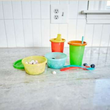 The First Years Take & Toss Spill Proof Sippy Cups - Rainbow Party Pack - Reusable Toddler Cups - Kids Cups and Snap On Lids for Ages 9 Months and Up - 20 Count