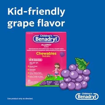 Benadryl Children's Allergy Chewables with Diphenhydramine HCl, Antihistamine Chewable Tablets in Grape Flavor, Three Pack, 3 x 20 ct Each, 60 ct