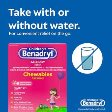 Benadryl Children's Allergy Chewables with Diphenhydramine HCl, Antihistamine Chewable Tablets in Grape Flavor, Three Pack, 3 x 20 ct Each, 60 ct