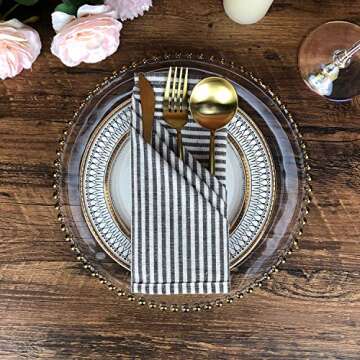 INFEI Plain Striped Cotton Linen Blended Dinner Cloth Napkins - Set of 12 (40 x 30 cm) - for Events & Home Use (Brown)