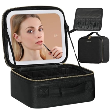 Behaesty Travel Makeup Bag with LED Lighted Mirror, Cosmetic Makeup Organizer Bag with 3 Color Setti...