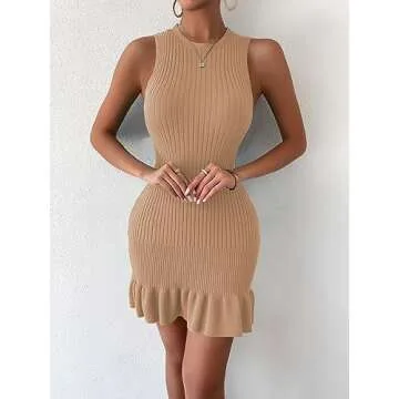 MakeMeChic Women's Sleeveless Sweater Dress Crochet Ribbed Knit Ruffle Hem Bodycon Mini Dresses