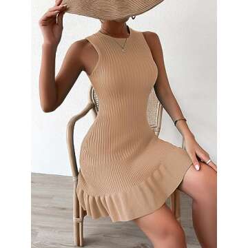 MakeMeChic Women's Sleeveless Sweater Dress Crochet Ribbed Knit Ruffle Hem Bodycon Mini Dresses