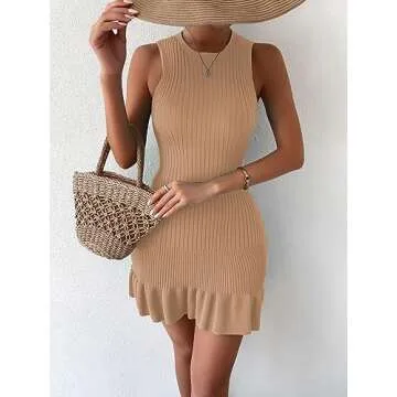MakeMeChic Women's Sleeveless Sweater Dress Crochet Ribbed Knit Ruffle Hem Bodycon Mini Dresses