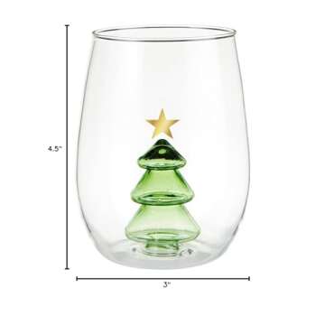 Slant Collections Christmas Wine Glasses 3D Stemless Wine Glass With Figurine, 16-Ounce, Christmas Tree