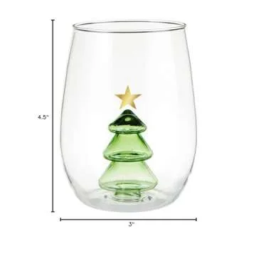 Slant Collections Christmas Wine Glasses 3D Stemless Wine Glass With Figurine, 16-Ounce, Christmas Tree