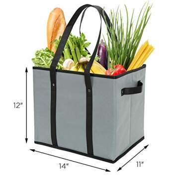 Foraineam 3-Pack Extra Large Reusable Grocery Bags, 14 x 11 x 12 Inch Gray Durable Heavy Duty Grocery Totes Bag Storage Box Bins Collapsible Grocery Shopping Box Bags with Reinforced Bottom