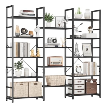 NUMENN Triple Wide 5 Tier Bookshelf, Rustic Industrial Style Bookcases and Bookshelves with 14 Open ...