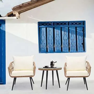 MoNiBloom 3 Piece Patio Conversation Bistro Set, Outdoor All-Weather Wicker Furniture Rattan High Ba...