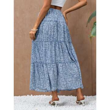 Verdusa Women's Floral Print Elastic High Waist Pleated Ruffle Flowy Long Skirts Blue and White Medium