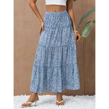 Verdusa Women's Floral Print Elastic High Waist Pleated Ruffle Flowy Long Skirts Blue and White Medium