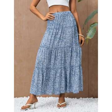Verdusa Women's Floral Print Elastic High Waist Pleated Ruffle Flowy Long Skirts Blue and White Medium