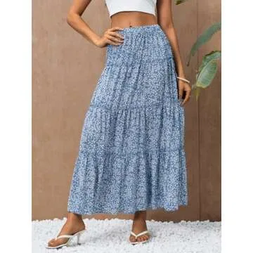 Verdusa Women's Floral Print Elastic High Waist Pleated Ruffle Flowy Long Skirts Blue and White Medium