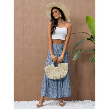 Verdusa Women's Floral Print Elastic High Waist Pleated Ruffle Flowy Long Skirts Blue and White Medium