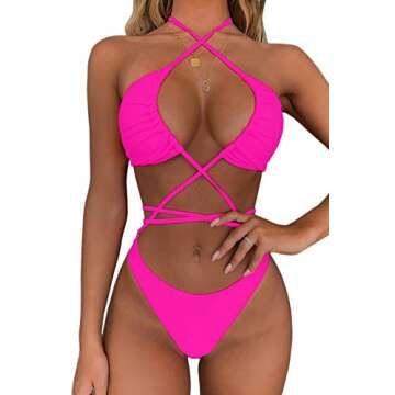 QINSEN Sexy Bathing Suit for Women Sling Wrap Cross Criss Brazilian 2PCS Bikini Sets Rosy M