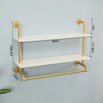 FOF FRIEND OF FAMILY Industrial Pipe Garment Rack with Double Tier shelves, Wall Mounted Clothes Rod for Clothing Storage, Gold&White Color, 40" Wide