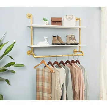 FOF FRIEND OF FAMILY Industrial Pipe Garment Rack with Double Tier shelves, Wall Mounted Clothes Rod for Clothing Storage, Gold&White Color, 40" Wide