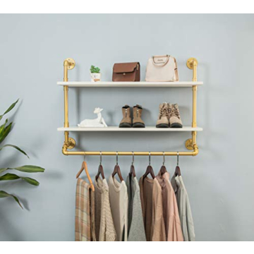 FOF FRIEND OF FAMILY Industrial Pipe Garment Rack with Double Tier shelves, Wall Mounted Clothes Rod for Clothing Storage, Gold&White Color, 40" Wide