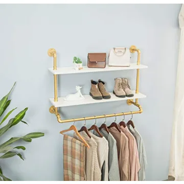 FOF FRIEND OF FAMILY Industrial Pipe Garment Rack with Double Tier shelves, Wall Mounted Clothes Rod for Clothing Storage, Gold&White Color, 40" Wide