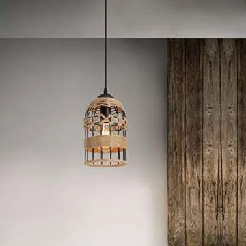 Rustic Woven Cage Pendant Light, One-Light Industrial Metal Hemp Rope Mini Pendant Lighting Fixture for Kitchen Island Cafe Bar Farmhouse, Black