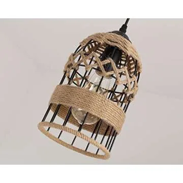 Rustic Woven Cage Pendant Light, One-Light Industrial Metal Hemp Rope Mini Pendant Lighting Fixture for Kitchen Island Cafe Bar Farmhouse, Black