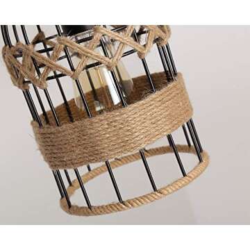 Rustic Woven Cage Pendant Light, One-Light Industrial Metal Hemp Rope Mini Pendant Lighting Fixture for Kitchen Island Cafe Bar Farmhouse, Black