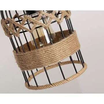 Rustic Woven Cage Pendant Light, One-Light Industrial Metal Hemp Rope Mini Pendant Lighting Fixture for Kitchen Island Cafe Bar Farmhouse, Black