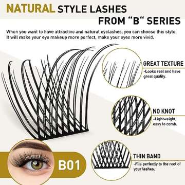 B&Q LASH Natural Individual Lashes Eyelash Clusters Extensions DIY at Home D Curl 8-16MIX 72 Clusters Lashes C D Curl (XS-D-8-16MIX)