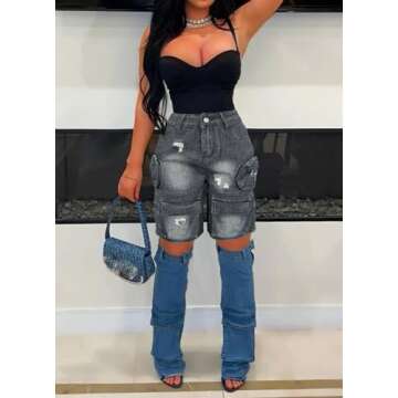 Womens High Waisted Jean Shorts Stretchy Y2K Button Bermuda Cargo Denim Shorts