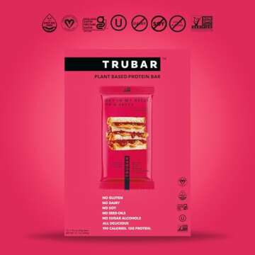 TRUBAR Vegan Protein Bar, Get In My Belly Pb & Jelly, Gluten Free, Plant Based, High Fiber, Dairy Free, Low Fat, Non GMO, No Sugar Alcohols, 12G Lean Protein, 13G Fiber, Healthy Snack Bars, 12 CT