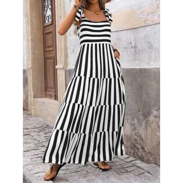 PRETTYGARDEN Women Dresses 2024 Summer Striped Sleeveless Maxi Dress Casual Spaghetti Strap Tiered Flowy Beach Long Dress(Striped Black,X-Large)
