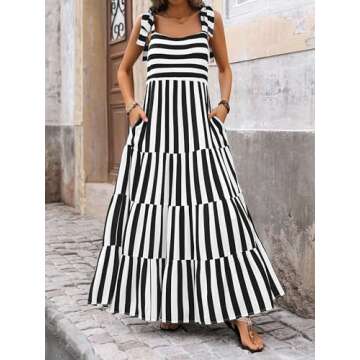 PRETTYGARDEN Women Dresses 2024 Summer Striped Sleeveless Maxi Dress Casual Spaghetti Strap Tiered Flowy Beach Long Dress(Striped Black,X-Large)