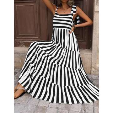 PRETTYGARDEN Women Dresses 2024 Summer Striped Sleeveless Maxi Dress Casual Spaghetti Strap Tiered Flowy Beach Long Dress(Striped Black,X-Large)